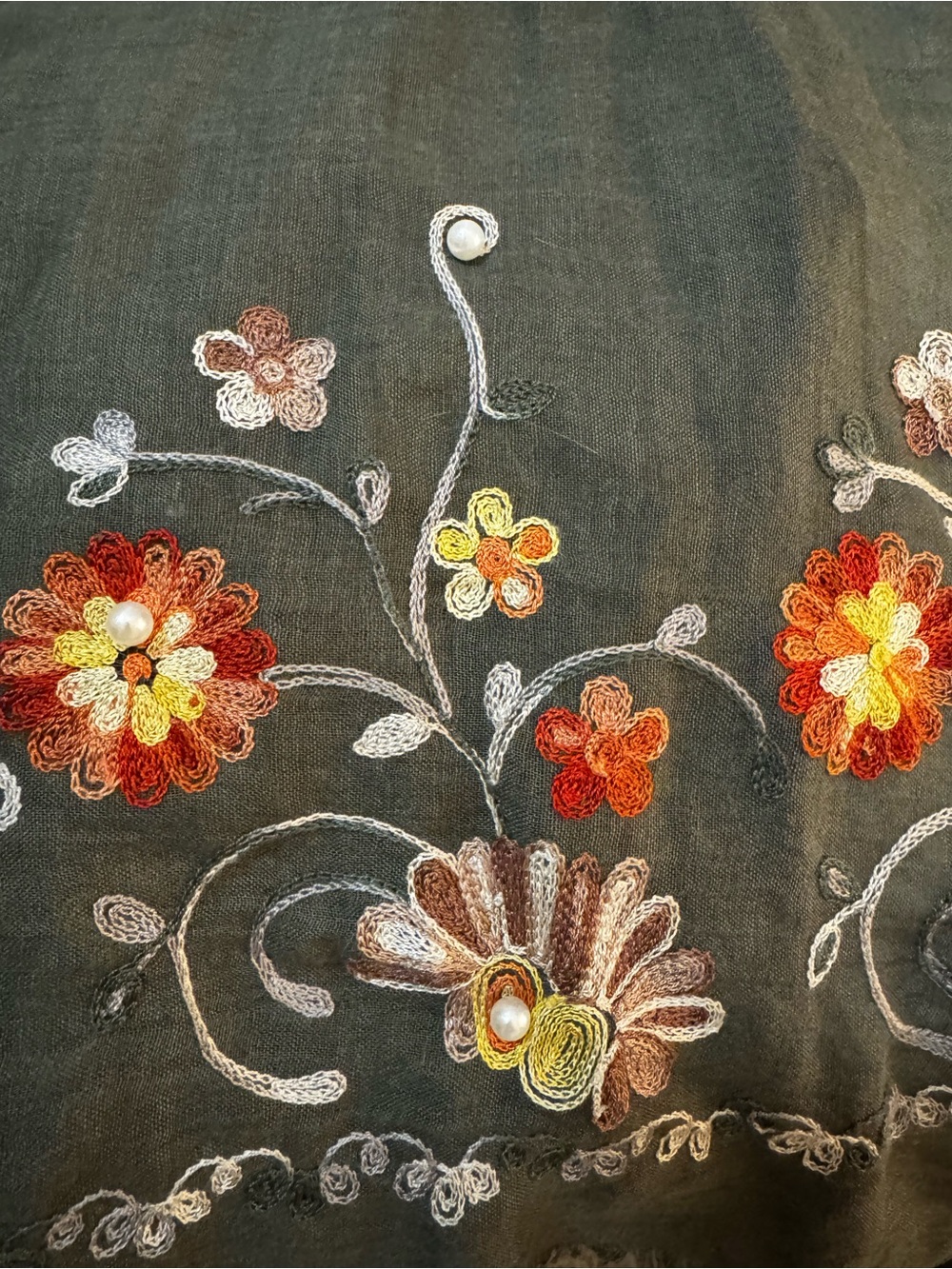 Embroidered Floral Pearl Beaded Oversized Scarf Wrap